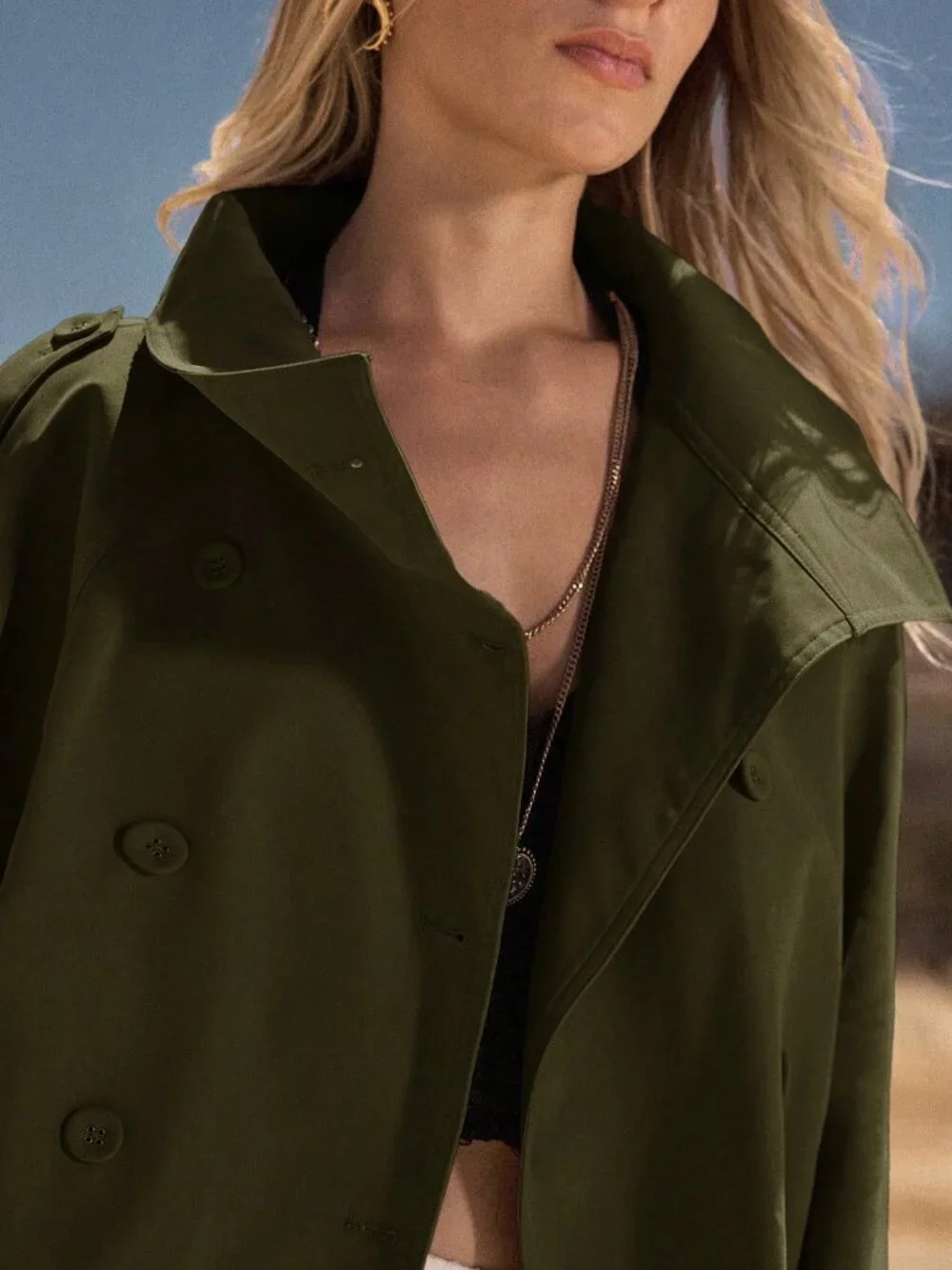 Army Green Casual Women's Double-Breasted Short Trench Coat